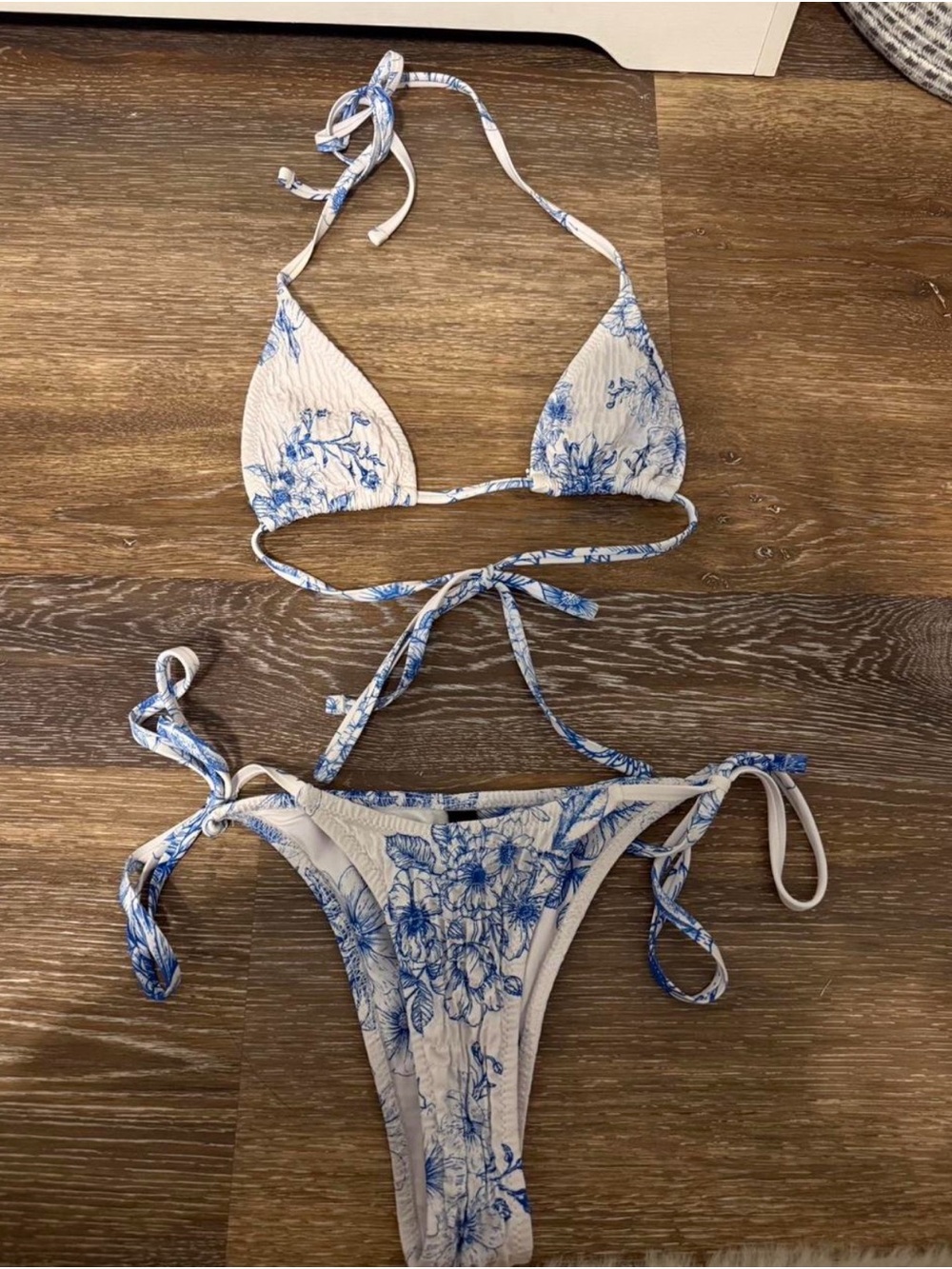 Blue and White Floral Tie-Side Bikini Set